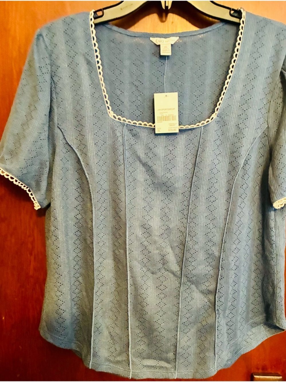 Cato Light Blue Eyelet Square-Neck Short Sleeve Top